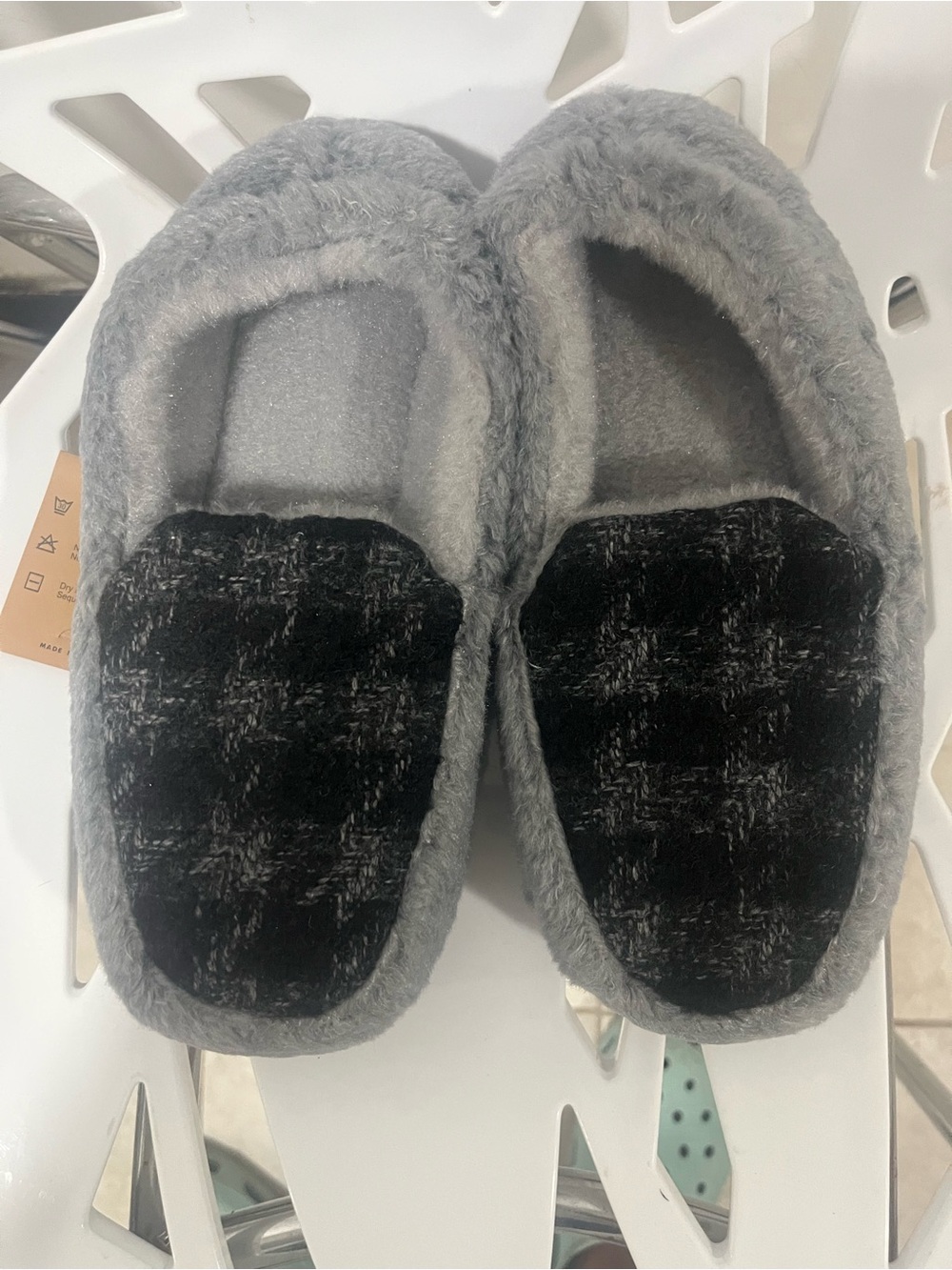 Cozy Grey and Black Plush Slip-On Loafers